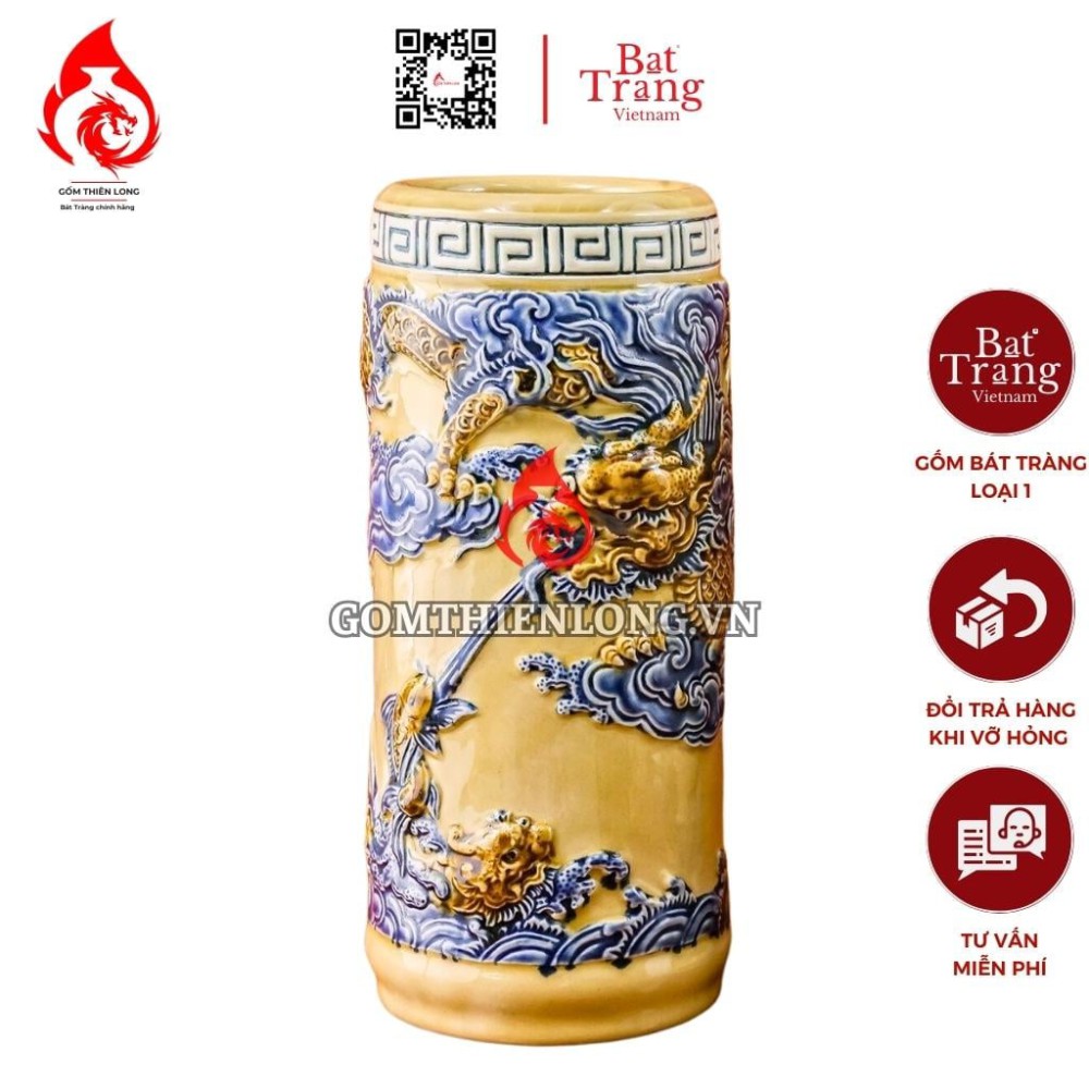 Ống Đựng Nhang Bằng Sứ Men Vàng Hoàng Tộc Đắp Nổi Long Cuốn Thủy 231093