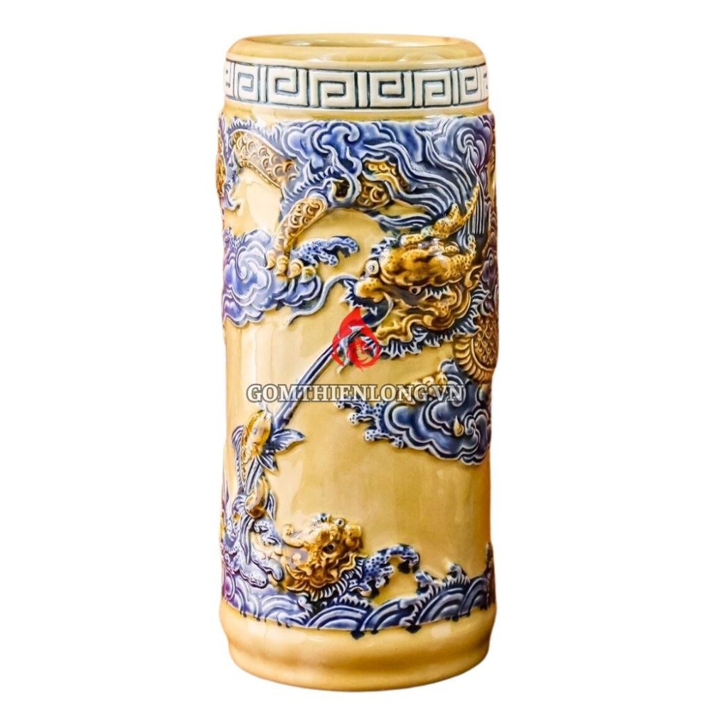 Ống Đựng Nhang Bằng Sứ Men Vàng Hoàng Tộc Đắp Nổi Long Cuốn Thủy 231093