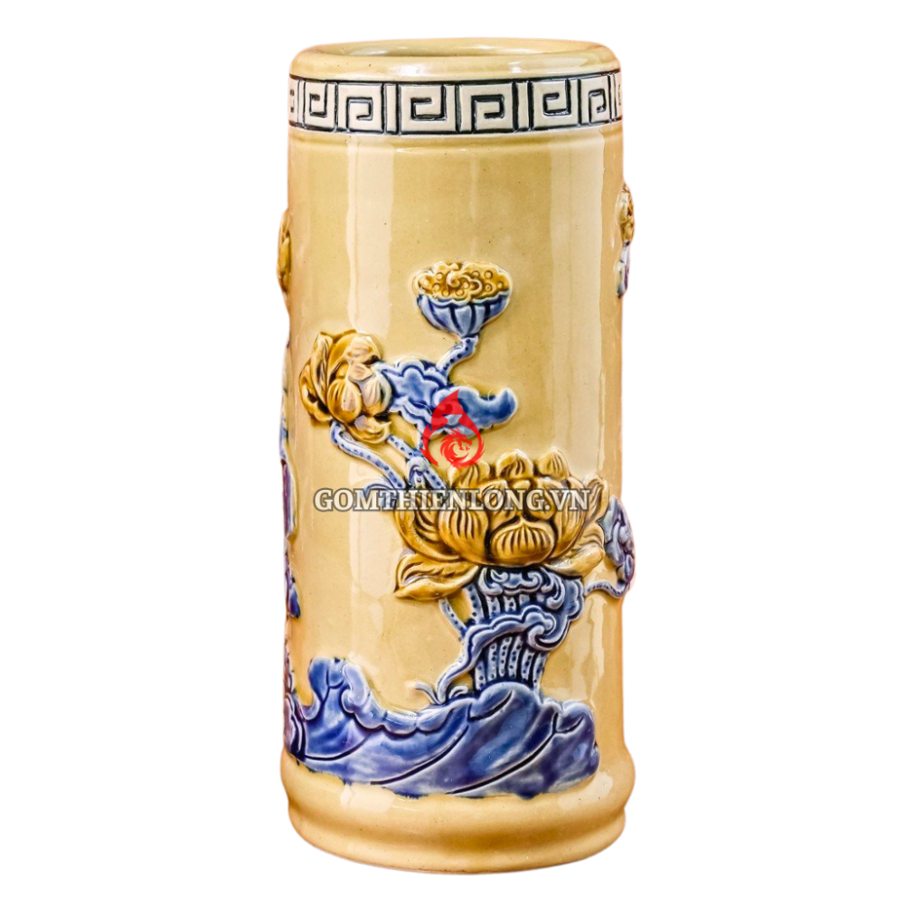 Ống Đựng Nhang Bằng Sứ Men Vàng Hoàng Tộc Đắp Nổi Hoa Sen 231094