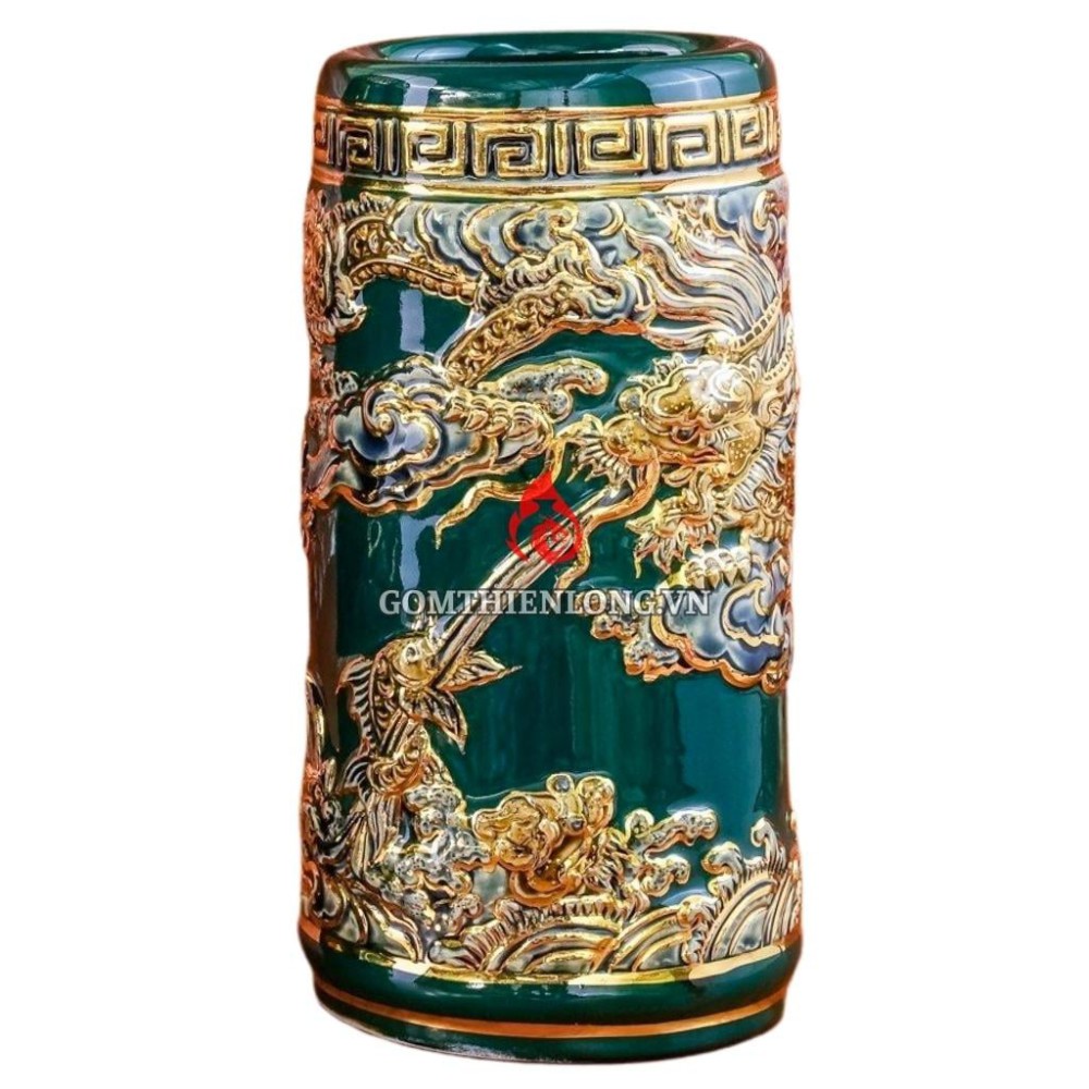 Ống Đựng Nhang Bằng Sứ Men Xanh Lục Bảo Vẽ Vàng Long Cuốn Thủy 231104