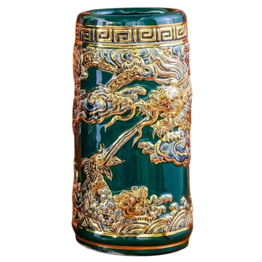 Ống Đựng Nhang Bằng Sứ Men Xanh Lục Bảo Vẽ Vàng Long Cuốn Thủy 231104