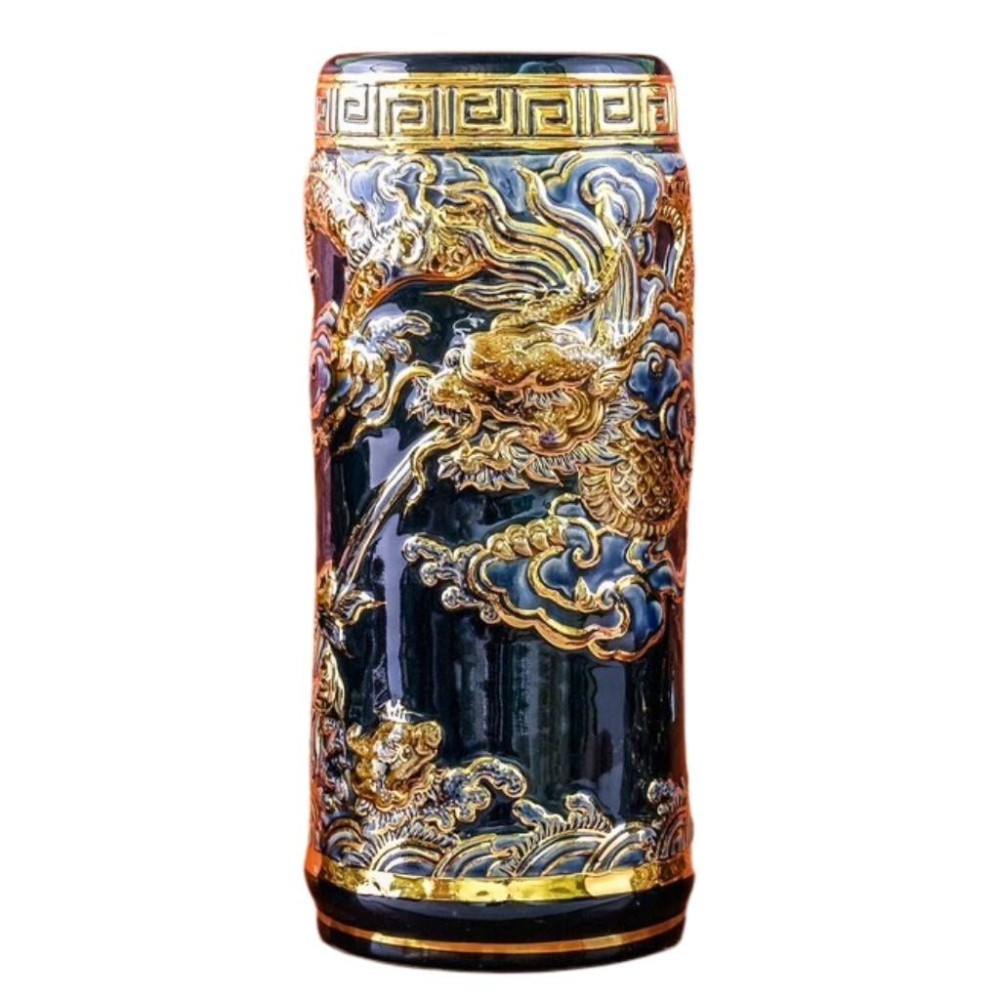 Ống Đựng Nhang Bằng Sứ Men Xanh Tím Vẽ Vàng Long Cuốn Thủy 231101