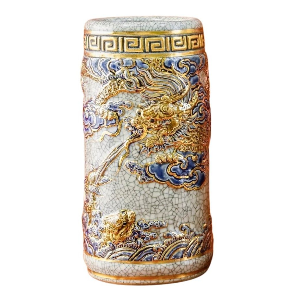 Ống Đựng Nhang Bằng Sứ Men Rạn Vẽ Vàng Long Cuốn Thủy 231100