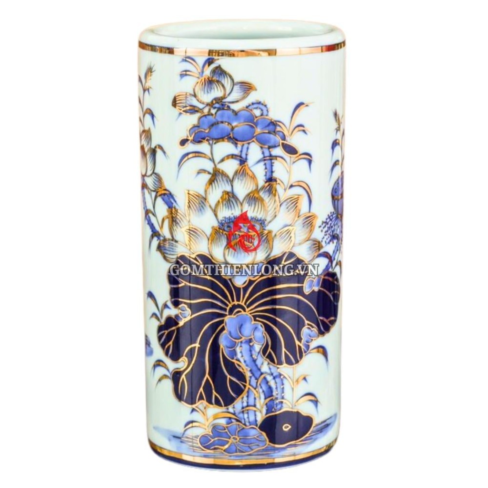 Ống Đựng Nhang Bằng Sứ Men Lam Ngọc Vẽ Vàng Hoa Sen 231092