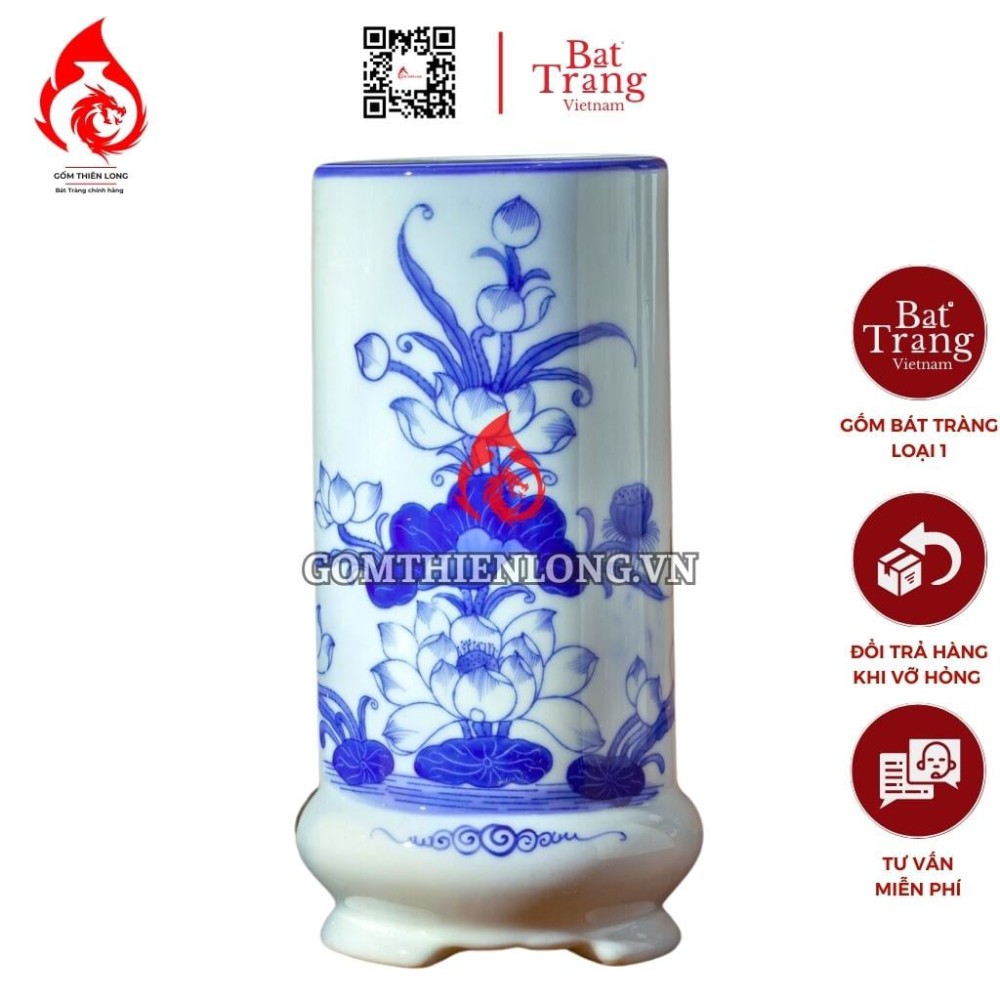 Ống Đựng Nhang Bát Tràng Men Lam Vẽ Hoa Sen 231078