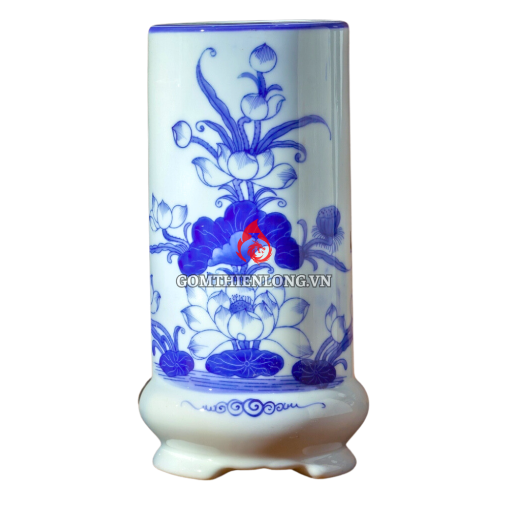 Ống Đựng Nhang Bát Tràng Men Lam Vẽ Hoa Sen 231078