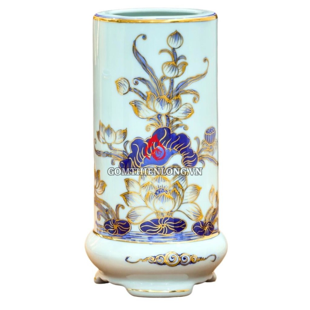 Ống Đựng Nhang Bát Tràng Men Lam Vẽ Vàng Hoa Sen 231079