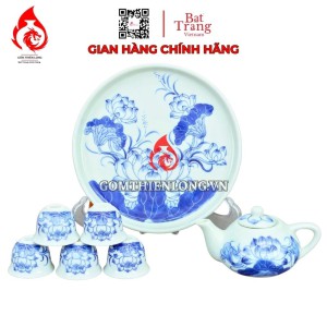 Bộ Ấm Chén Bàn Thờ Men Xanh Lam Vẽ Hoa Sen 231127