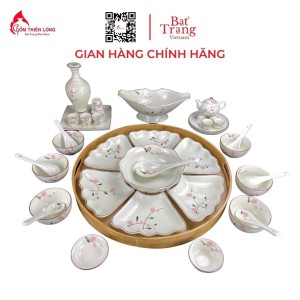 Bộ Bát Đĩa Thắp Hương | Men Kem Vẽ Đào Hồng