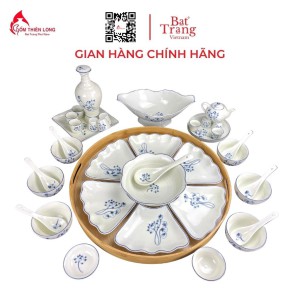 Bộ Bát Đĩa Thắp Hương Men Kem Vẽ Sen Chàm