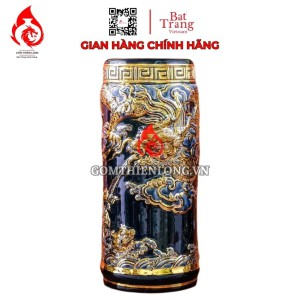 Ống Đựng Nhang Bằng Sứ Men Xanh Tím Vẽ Vàng Long Cuốn Thủy 231101